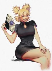 Rule 34 | 1girl, absurdres, black dress, blonde hair, boruto: naruto next generations, breasts, china dress, chinese clothes, crossed legs, dress, earrings, folding fan, green eyes, hand fan, hands on own knees, highres, holding, jewelry, joy boy, large breasts, looking at viewer, naruto (series), quad tails, short hair, short sleeves, sitting, smile, temari (naruto), thighs, white background