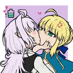 Rule 34 | 2girls, ahoge, am0930, anger vein, artoria pendragon (all), artoria pendragon (fate), battery indicator, blonde hair, blush, braid, braided bun, fate/grand order, fate/stay night, fate (series), forced kiss, grabbing another&#039;s chin, green eyes, hair bun, hair ribbon, hand on another&#039;s chin, heart, highres, kiss, lady avalon (fate), long hair, looking at another, merlin (fate/prototype), multiple girls, pointy ears, ribbon, saber (fate), short hair, sidelocks, white hair, yuri