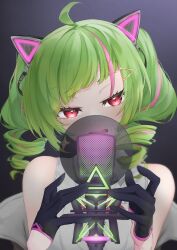 Rule 34 | 1girl, a9 (repainter), ahoge, animal ears, ascot, bare shoulders, black gloves, blush, cat ears, collared shirt, commentary, delutaya, diagonal bangs, drill hair, earrings, eyelashes, fake animal ears, fang, gloves, green hair, grey background, hair ornament, hairclip, half gloves, hands up, highres, indie virtual youtuber, jewelry, looking at viewer, medium hair, microphone, microphone stand, multicolored hair, music, open mouth, pink ascot, pink hair, pop filter, red eyes, shirt, sidelocks, simple background, singing, sleeveless, sleeveless shirt, solo, star (symbol), star earrings, streaked hair, studio microphone, symbol-only commentary, teeth, triangle hair ornament, twin drills, upper body, virtual youtuber, white shirt, wing collar