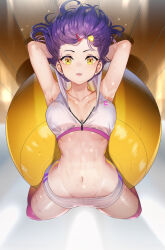 Rule 34 | 1girl, ball, bare shoulders, blush, breasts, buruma, cleavage, collarbone, exercise ball, hair ornament, hairclip, highres, large breasts, looking at viewer, navel, open mouth, original, purple hair, short hair, solo, sports bra, stretching, sweat, teddy (khanshin), thighs, upside-down, white buruma, white sports bra, yellow eyes