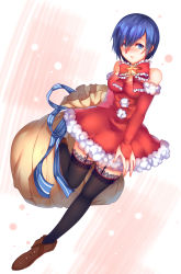 Rule 34 | 1girl, alternate costume, arm behind back, bare shoulders, black thighhighs, blue eyes, blue hair, blush, boots, breasts, brown footwear, commentary, detached sleeves, dress, english commentary, eyes visible through hair, frills, fur trim, g4265059, hair between eyes, hair over one eye, highres, kirishima touka, long sleeves, looking to the side, medium breasts, red dress, red neckwear, red ribbon, red sleeves, ribbon, sack, santa costume, short dress, short hair, simple background, solo, star (symbol), thighhighs, tokyo ghoul