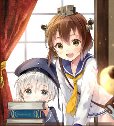 Rule 34 | 10s, 2girls, :d, bad id, bad pixiv id, blue eyes, blush, book, book stack, brown eyes, brown hair, buttons, covered mouth, curtains, dress, hair ornament, hanekoto, hat, headgear, indoors, kantai collection, lamp, legs apart, long sleeves, looking at viewer, microphone, multiple girls, open mouth, sailor dress, sailor hat, school uniform, see-through, serafuku, short hair, silver hair, smile, table, teeth, window, yellow eyes, yukikaze (kancolle), z1 leberecht maass (kancolle)