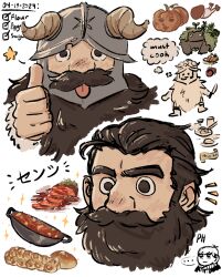 Rule 34 | 2boys, :p, beard, beard over mouth, chilchuck tims, cooking, cropped head, dated, doodle inset, dungeon meshi, dwarf, english text, facial hair, fake horns, food, golem, helmet, highres, holding, holding knife, horned helmet, horns, knife, long beard, looking ahead, looking at viewer, male focus, motion lines, multiple boys, multiple views, mustache, phongdraws, pumpkin, senshi (dungeon meshi), sparkling aura, star (symbol), stew, straight-on, thick mustache, thought bubble, thumbs up, tongue, tongue out, very long beard, wok