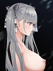 Rule 34 | 1girl, absurdres, azur lane, bad id, bad pixiv id, blush, breasts, formidable (azur lane), from side, grey hair, hank (gogaek), highres, large breasts, long hair, looking afar, nipples, nude, red eyes, ribbon, solo, twintails, two-tone ribbon, upper body, very long hair