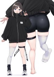 Rule 34 | 1girl, ass, barefoot, bike shorts, black jacket, black shorts, black socks, blue eyes, blush, brown hair, commentary request, eyelashes, feet, from behind, full body, hand up, highres, jacket, kneepits, kuro (toi et moi), legs, long sleeves, looking at viewer, loose socks, medium hair, mole, mole under mouth, multiple views, no shoes, open mouth, original, oversized clothes, parted bangs, shiny clothes, shiny skin, shorts, single thighhigh, skindentation, socks, soles, spread toes, standing, standing on one leg, swept bangs, thigh strap, thighhighs, thighs, toes, v, white background, white footwear, white thighhighs