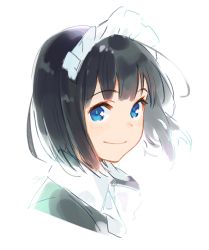Rule 34 | 1girl, backlighting, black hair, blue eyes, blunt bangs, bob cut, bow, bowtie, closed mouth, commentary request, dot nose, floating hair, frilled hairband, frills, from side, hairband, looking at viewer, looking to the side, maeya susumu, maid, maid-san wa taberu dake, maid headdress, portrait, short hair, signature, simple background, smile, solo, suzume (maid-san wa taberu dake), tareme, white background, white bow, white bowtie, white hairband, wing collar