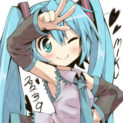 Rule 34 | 10s, 1girl, 39, 2012, arm up, armpits, blue eyes, blue hair, blush, character name, dated, detached sleeves, givuchoko, hair ribbon, hand on own hip, hatsune miku, heart, hip focus, long hair, matching hair/eyes, necktie, one eye closed, ribbon, shirt, skirt, smile, solo, twintails, vocaloid, wink