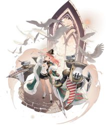 Rule 34 | 1girl, absurdres, aiguillette, arm up, artillery, artist request, azur lane, bird, black skirt, breasts, cape, cleavage, dove, epaulettes, from above, full body, fur-trimmed cape, fur trim, green cape, highres, italian flag, long hair, looking at viewer, looking up, miniskirt, official art, orange hair, pleated skirt, pompeo magno (azur lane), rigging, skirt, small breasts, solo, standing, transparent background, two-tone footwear, white bird, white footwear, white headwear, yellow eyes