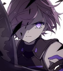 Rule 34 | 1girl, armor, bad id, bad pixiv id, black gloves, bright pupils, commentary, fate/grand order, fate (series), gloves, hair over one eye, highres, hiiragi fuyuki, holding, holding shield, looking at viewer, mash kyrielight, pink hair, purple eyes, purple gloves, serious, shield, short hair, simple background, sleeveless, solo, two-tone gloves, upper body, white background, white pupils