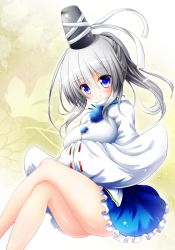 Rule 34 | 1girl, ass, bare legs, blue eyes, blush, breasts, crossed legs, female focus, gradient background, hands in opposite sleeves, hat, hat ribbon, highres, large breasts, legs, long hair, long sleeves, looking at viewer, miniskirt, mononobe no futo, osashin (osada), ponytail, ribbon, ribbon-trimmed sleeves, ribbon trim, shirt, silver hair, sitting, skirt, smile, solo, touhou, wide sleeves
