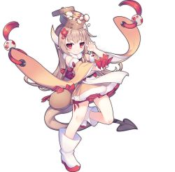 Rule 34 | 1girl, ao jun, ark order, baozi, bare shoulders, bell, boots, bow, bracelet, brown hair, demon tail, detached sleeves, dress, envelope, floral print, flower, food, food on head, full body, fur-trimmed dress, fur collar, fur trim, holding, holding envelope, hongbao, horns, jewelry, jingle bell, long hair, long sleeves, object on head, official art, pom pom (clothes), red bow, red eyes, red flower, solo, tachi-e, tail, tassel, transparent background, white footwear, wide sleeves, year (ark order), yellow dress