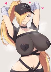 Rule 34 | 1girl, absurdres, arm wrap, arms behind head, band-width, baseball cap, black collar, black headwear, blonde hair, collar, collarbone, commission, gears, hair over one eye, hat, heart, heart pasties, highres, pasties, pubic tattoo, see-through, smile, tattoo