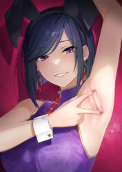 Rule 34 | 1girl, animal ears, arm up, armpits, bare shoulders, blush, breasts, china dress, chinese clothes, dress, fake animal ears, hair ornament, heart, highres, large breasts, looking at viewer, original, piyosuke tmg, presenting armpit, purple eyes, purple hair, smile, solo, spread armpit, steam, sweat, wrist cuffs