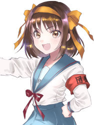 Rule 34 | 1girl, :d, armband, blue sailor collar, blue skirt, blush, brown eyes, brown hair, commentary request, cowboy shot, hair ribbon, hairband, hand on own hip, highres, kita high school uniform, long sleeves, looking at viewer, open mouth, red ribbon, ribbon, rosette (roze-ko), sailor collar, school uniform, serafuku, short hair, simple background, skirt, smile, solo, suzumiya haruhi, suzumiya haruhi no yuuutsu, translation request, white background, yellow hairband, yellow ribbon