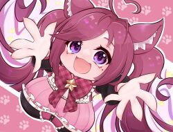 Rule 34 | ahoge, animal ear fluff, animal ears, bow, bowtie, breasts, cat ears, frilled shirt, frills, hands up, heart, heart ahoge, indie virtual youtuber, large breasts, magical girl, miyako aquablue, mole, mole under eye, multicolored eyes, open mouth, paw print, paw print background, plaid, plaid bow, saralene, shirt, twintails, virtual youtuber