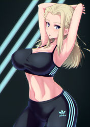 Rule 34 | 1girl, adidas, armpits, arms behind head, arms up, bike shorts, black shorts, blonde hair, blue eyes, breasts, clara (girls und panzer), cleavage, commentary, cowboy shot, girls und panzer, highres, large breasts, logo, long hair, looking at viewer, navel, open mouth, shorts, solo, sports bra, standing, stretching, triple vertical stripe, varie7k