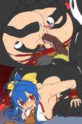 Rule 34 | 1girl, anilingus, anus, arakune, ass, baronia, blazblue, blazblue: central fiction, blue hair, breasts, censored, crying, crying with eyes open, fingerless gloves, genderswap, genderswap (mtf), gloves, hair between eyes, halterneck, halterneck, highres, licking, mai natsume, nipples, no bra, no panties, open mouth, pants, ponytail, pussy, rape, red eyes, sex, tagme, tearing up, tears, torn clothes, vaginal