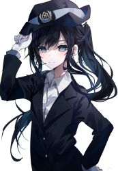 Rule 34 | 1girl, absurdres, ado (utaite), black hair, black hat, black jacket, blue eyes, chando (ado), closed mouth, cloud nine inc, collared shirt, commentary, dress shirt, gloves, hand on own hip, hat, highres, jacket, japan railways, long hair, long sleeves, looking at viewer, mole, mole under eye, official alternate costume, ponytail, shadow, shirt, sidelocks, simple background, solo, umemaro (siona0908), utaite, white background, white gloves, white shirt