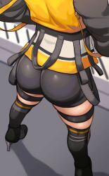 Rule 34 | 1girl, absurdres, anis (nikke), ass, black jacket, black shorts, black thighhighs, from behind, goddess of victory: nikke, highres, jacket, multicolored clothes, multicolored jacket, short shorts, shorts, solo, standing, thigh strap, thighhighs, tobias leviathan, two-tone jacket, yellow jacket