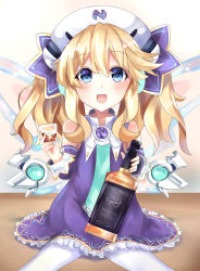 Rule 34 | 1girl, alcohol, bare shoulders, bimmy, blonde hair, blue eyes, blush, bottle, commentary, cup, detached sleeves, dress, english commentary, hair between eyes, hair ornament, hat, highres, histoire, holding, holding bottle, holding cup, long hair, looking at viewer, mechanical wings, neptune (series), open mouth, purple dress, sidelocks, sitting, sleeveless, sleeveless dress, smile, solo, twintails, whiskey, wings