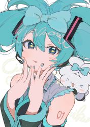 Rule 34 | 1girl, aqua eyes, aqua hair, aqua nails, blue bow, borrowed hairstyle, bow, cinnamiku, cinnamoroll, closed eyes, creature, creature on shoulder, crossover, cursive, detached sleeves, double bun, ear bow, english text, folded twintails, hair bow, hair bun, hair rings, hands on own face, hands up, hassan (sink916), hatsune miku, highres, looking at viewer, mascot, nail polish, number tattoo, on shoulder, sanrio, tattoo, tied ears, tongue, tongue out, updo, upper body, vocaloid