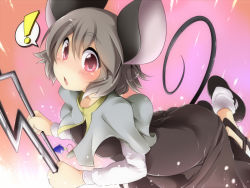 Rule 34 | !, 1girl, aki (akikaze asparagus), animal ears, capelet, dowsing rod, dress, eyebrows, female focus, floating, grey dress, grey hair, jewelry, looking at viewer, mouse ears, mouse tail, nazrin, open mouth, pendant, pink eyes, red eyes, short hair, solo, tail, touhou