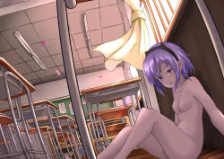 Rule 34 | 1girl, breasts, ceiling, ceiling light, chair, classroom, closed mouth, collarbone, commentary request, curtains, dark-skinned female, dark skin, desk, dutch angle, fate/prototype, fate/prototype: fragments of blue and silver, fate (series), hair between eyes, hassan of serenity (fate), indoors, looking at viewer, motion blur, navel, nipples, nude, petals, public indecency, purple eyes, purple hair, pussy, school chair, school desk, sitting, small breasts, solo, thighhighs, tile ceiling, tiles, window, ying yue (sarah22108)