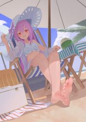 Rule 34 | 1girl, absurdres, atsuko (blue archive), atsuko (swimsuit) (blue archive), barefoot, beach, blue archive, feet, grin, hat, highres, long hair, looking at viewer, parasol, pink hair, red eyes, sitting, smile, soles, sun hat, swimsuit, toes, umbrella