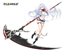 Rule 34 | 1girl, bandages, breasts, closers, full body, highres, large breasts, looking at viewer, mirae (closers), navel, official art, red eyes, scythe, solo, transparent background, weapon, white hair