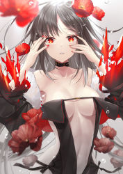 Rule 34 | 1girl, bare shoulders, breasts, breasts apart, brown hair, choker, collarbone, detached sleeves, fate/grand order, fate (series), flower, fur trim, hands on own face, hands up, kagachi saku, long hair, long sleeves, medium breasts, nail polish, name connection, navel, object namesake, parted lips, peeking through fingers, poppy (flower), red eyes, red nails, revealing clothes, upper body, wide sleeves, yu mei-ren (fate)