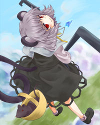 Rule 34 | 1girl, animal ears, bad id, bad pixiv id, basket, blush, capelet, day, dowsing rod, female focus, grey hair, jewelry, looking back, midair, mouse (animal), mouse ears, mouse tail, nazrin, pendant, red eyes, short hair, sky, smile, solo, tail, touhou, tsuguha