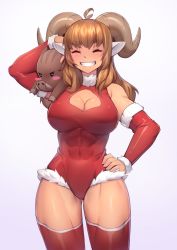 Rule 34 | 1girl, ^ ^, abs, animal ears, bare shoulders, blush stickers, boar, breasts, brown hair, carrying, cleavage, cleavage cutout, closed eyes, clothing cutout, cowboy shot, curled horns, detached sleeves, facing viewer, fur-trimmed leotard, fur-trimmed sleeves, fur trim, grin, hand on own hip, highres, horns, iwbitu, large breasts, leotard, long hair, model pose, muscular, muscular female, original, red leotard, red thighhighs, sheep ears, sheep horns, shoulder carry, smile, solo, thighhighs, tusks