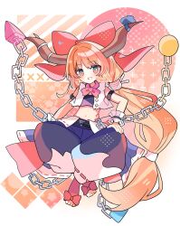 Rule 34 | 1girl, baggy pants, bow, chain, commentary, hair bow, highres, horn ornament, horn ribbon, horns, ibuki suika, long hair, looking at viewer, midriff, navel, oni, orange hair, orb, pants, pyramid (geometry), red bow, ribbon, shirocha tei, smile, solo, stomach tattoo, tattoo, torn clothes, torn sleeves, touhou, touhou gensou eclipse, twitter username, very long hair, wrist cuffs