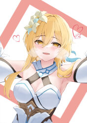 Rule 34 | 1girl, absurdres, armpits, blonde hair, blush, breasts, cleavage, detached sleeves, dress, earrings, feather hair ornament, feathers, flower, genshin impact, hair between eyes, hair flower, hair ornament, heart, heavy breathing, highres, incoming hug, jewelry, lily (flower), looking at viewer, lumine (genshin impact), medium breasts, opm7760, scarf, short hair with long locks, sidelocks, simple background, single earring, solo, upper body, white dress, white flower, white scarf, white sleeves, yellow eyes