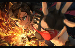 Rule 34 | 1girl, absurdres, black border, black bra, black gloves, black hair, blonde hair, blurry, blurry foreground, border, bra, clenched hand, dehya (genshin impact), fingerless gloves, fire, floating hair, gauntlets, genshin impact, gloves, green eyes, grin, hair between eyes, highres, letterboxed, long hair, midriff, multicolored hair, navel, nushibautiful, outstretched hand, red bra, single glove, smile, solo, stomach, two-tone bra, two-tone hair, underwear, upper body