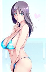 Rule 34 | 1girl, aratama (a-tama), ass, bikini, black hair, blue bikini, breasts, collarbone, commentary request, finger to mouth, from side, green eyes, halterneck, large breasts, long hair, looking at viewer, navel, original, shushing, solo, standing, striped bikini, striped clothes, swimsuit