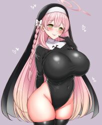 Rule 34 | 1girl, arm behind back, black leotard, black thighhighs, blue archive, blush, bow, bowtie, braid, breasts, gradient hair, green eyes, habit, halo, hanako (blue archive), heart, huge breasts, impossible clothes, leotard, long hair, looking at viewer, multicolored hair, nun, pink bow, pink bowtie, pink hair, side braid, skindentation, smile, solo, thighhighs, tyranu, white bow