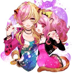 Rule 34 | 10s, 2girls, ;d, animal ears, arm around shoulder, bad id, bad pixiv id, blonde hair, bow, citti (show by rock!!), choker, dress, jacket, laina (show by rock!!), lion ears, lion tail, long hair, looking at viewer, mamaloni, multicolored hair, multiple girls, nail polish, one eye closed, open mouth, paw pose, pink hair, ponytail, red eyes, short hair, show by rock!!, smile, tail, two-tone hair, yellow eyes, yuri
