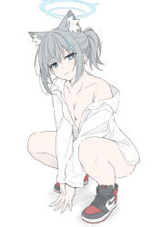 Rule 34 | 1girl, alternate costume, animal ear fluff, animal ears, areola slip, blue archive, blue eyes, bottomless, breasts, extra ears, full body, grey hair, halo, highres, looking at viewer, masabodo, medium breasts, medium hair, ponytail, shiroko (blue archive), shirt, simple background, solo, squatting, white background, white shirt, wolf ears