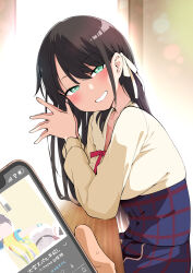 Rule 34 | 1girl, alternate hair length, alternate hairstyle, blue skirt, blush, cellphone, from side, green eyes, hair ribbon, hayashi (l8poushou), highres, holding, holding phone, hololive, long hair, looking at viewer, neck ribbon, oozora subaru, oozora subaru (casual), own hands together, phone, red ribbon, ribbon, skirt, smartphone, smile, solo, solo focus, virtual youtuber