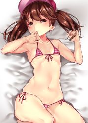 Rule 34 | 10s, 1girl, absurdres, armpits, bikini, blush, breasts, brown hair, buta tamako, cleft of venus, covered erect nipples, front-tie bikini top, front-tie top, hair between eyes, hand in own hair, hand to own mouth, hat, heart, heart-shaped pupils, highres, kantai collection, legs up, looking at viewer, lying, micro bikini, navel, on back, pink eyes, ryuujou (kancolle), side-tie bikini bottom, small breasts, solo, string bikini, swimsuit, symbol-shaped pupils, twintails