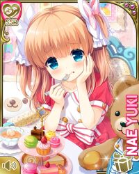 Rule 34 | 1girl, bag, blue eyes, bow, brown hair, cake, character name, closed mouth, cup, day, dress, eating, food, fork, girlfriend (kari), hair bow, handbag, indoors, long hair, official art, pink bow, pink dress, qp:flapper, ribbon, sitting, smile, solo, stuffed animal, stuffed toy, teacup, teapot, teddy bear, two side up, white bow, white legwear, yuuki nae