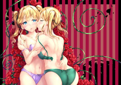 Rule 34 | arm grab, ass, back, black ribbon, blonde hair, blush, bow, bow panties, bra, bra pull, breasts, closed eyes, clothes pull, commentary request, flower, green bra, green panties, hair ribbon, half-closed eyes, hand in panties, holding, hug, incest, kiss, looking at another, medium breasts, mizuki kakeru, multiple girls, navel, open bra, open pants, original, panties, pants, parted lips, plant, pulling another&#039;s clothes, purple bra, purple panties, ribbon, rose, siblings, sisters, standing, strap slip, striped, striped background, thorns, twins, twintails, underwear, underwear only, unfastened, vines, yuri