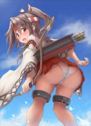 Rule 34 | 1girl, arrow (projectile), artist request, ass, bent over, blush, bow (weapon), brown eyes, brown hair, cameltoe, embarrassed, from behind, from below, headband, huge ass, japanese clothes, kantai collection, long hair, looking back, looking down, open mouth, panties, ponytail, skirt, solo, thigh strap, underwear, upskirt, water, weapon, zuihou (kancolle)