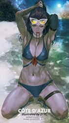 Rule 34 | 1girl, 21yc (september breeze), adjusting hair, arm tattoo, armlet, beach, bikini, bracelet, breasts, cameltoe, cleavage, colored skin, cote d&#039;azur widowmaker, day, eyewear on head, front-tie bikini top, front-tie top, highres, jewelry, looking at viewer, navel, official alternate costume, one eye closed, overwatch, overwatch 1, purple hair, purple skin, sitting, smile, solo, stomach, sunglasses, swimsuit, tattoo, toned, wariza, water, widowmaker (overwatch)