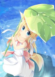 Rule 34 | 1girl, :o, animal ears, bare shoulders, blonde hair, blue eyes, blush, bow, collarbone, colored eyelashes, dress, fox ears, fox tail, from above, full body, hair bow, highres, holding, holding umbrella, kushida you, leaf umbrella, long hair, looking up, open mouth, original, red ribbon, ribbon, sleeveless, sleeveless dress, solo, standing, sundress, tail, tareme, umbrella, water, water drop, white bow, white dress
