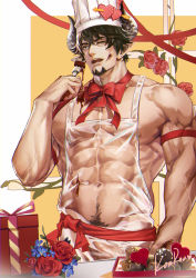 Rule 34 | 1boy, abs, absurdres, anjingkuxiao, apron, armband, bara, barawa, black hair, blue flower, box, box of chocolates, chef hat, chocolate, cow boy, draph, facial hair, flower, food, food on face, fork, gift, goatee, granblue fantasy, hat, highres, holding, holding fork, horns, large pectorals, male focus, muscular, muscular male, navel, navel hair, nipples, one eye closed, open mouth, pectorals, red flower, red rose, rose, see-through, short hair, solo