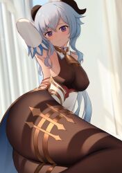 Rule 34 | 1girl, absurdres, ahoge, arm up, armpits, ass, bare shoulders, bell, blue hair, blush, breasts, brown pantyhose, covered erect nipples, detached sleeves, ganyu (genshin impact), genshin impact, gold trim, highres, hnbsgy, horns, long hair, looking at viewer, medium breasts, neck bell, pantyhose, purple eyes, sideboob, sidelocks, solo, thighlet, thighs, white sleeves