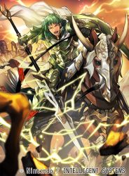 Rule 34 | 2boys, armor, armored boots, barding, boots, cape, company name, electricity, faceless, faceless male, fire emblem, fire emblem: the sacred stones, fire emblem cipher, gloves, green armor, green eyes, green hair, horns, horse, kyle (fire emblem), male focus, multiple boys, nagahama megumi, nintendo, official art, open mouth, polearm, rock, shield, sky, solo focus, spear, teeth, weapon