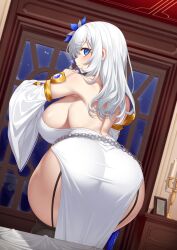 Rule 34 | 1girl, absurdres, backless dress, backless outfit, bare shoulders, bedroom, belly chain, black thighhighs, blue eyes, blush, breasts, candelabra, candlestand, detached sleeves, dress, dutch angle, elomil, flower, garter straps, gem, gold, hair flower, hair ornament, highres, jewelry, large breasts, light smile, long hair, looking back, night, night sky, original, picture frame, side slit, sideboob, sky, solo, taut clothes, taut dress, thighhighs, white hair, window